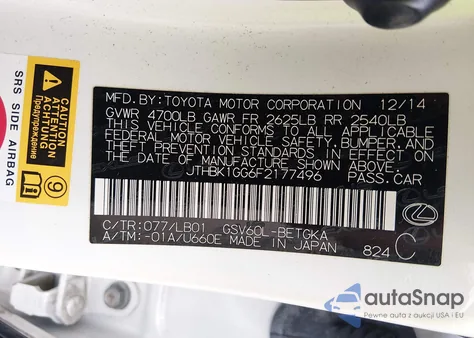 2015 Lexus Es 350 from USA, damaged, VIN JTHBK1GG6F2177496